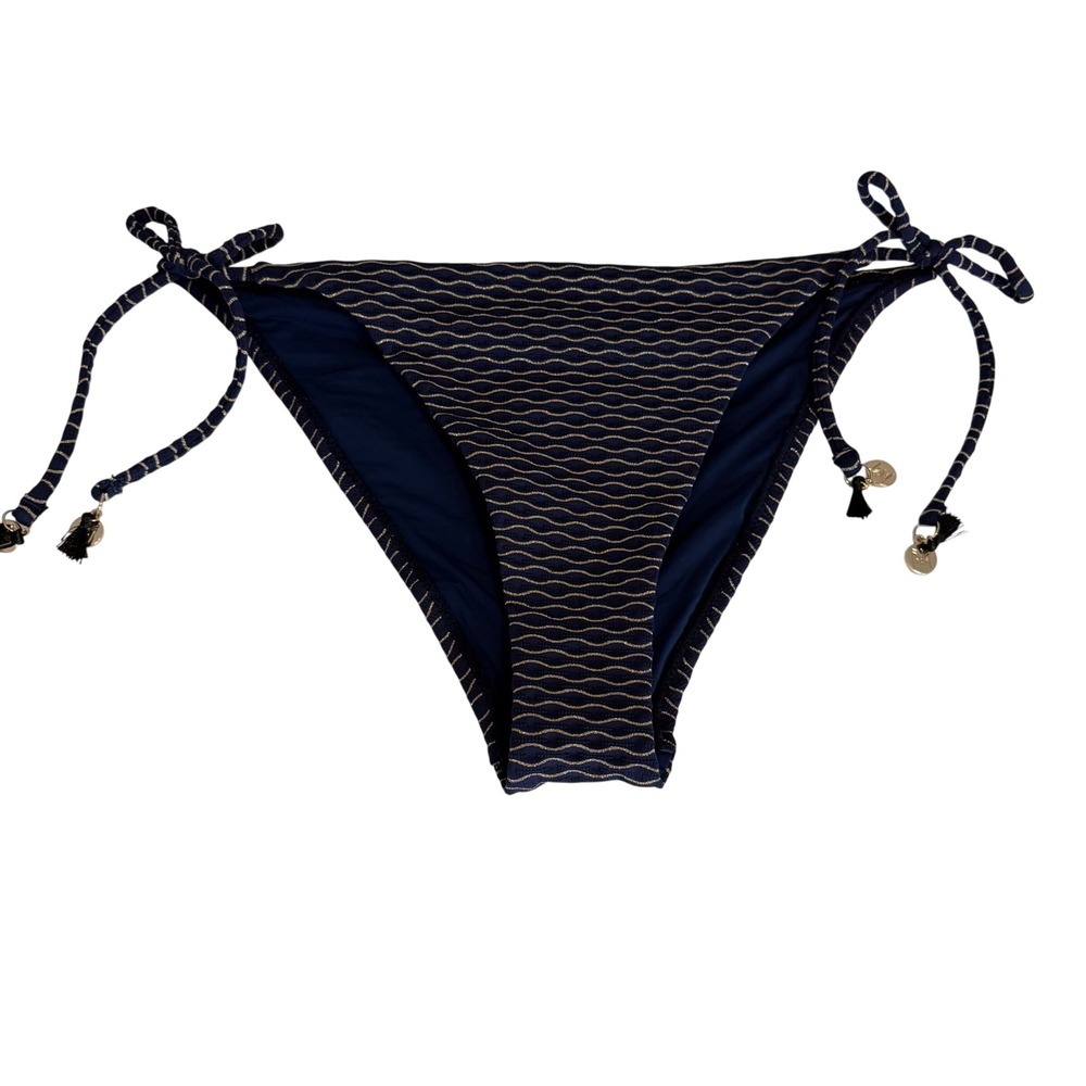 Milly Cabana bikini bottom medium Navy Gold Metallic Stripe Side Tie coastal NWT